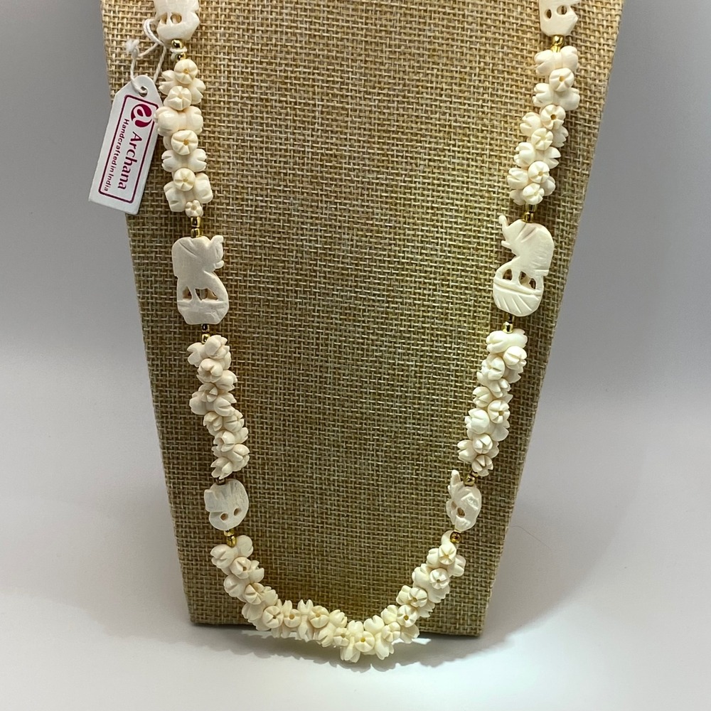 Archana Necklace Hand Carved Bovine Bone Vintage Cream Colour Elephants 28"